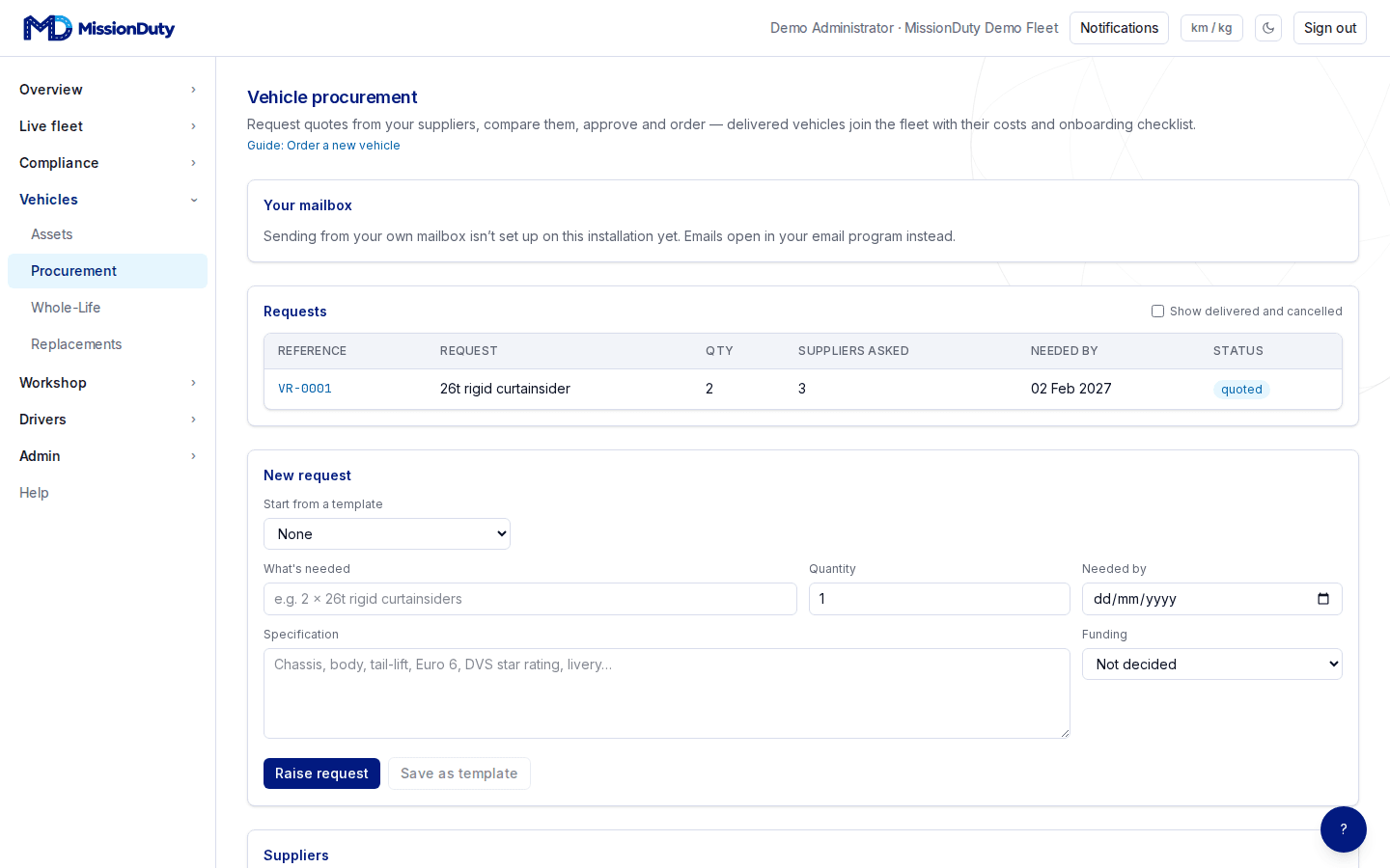 MissionDuty's procurement page, comparing supplier quotes for a vehicle order