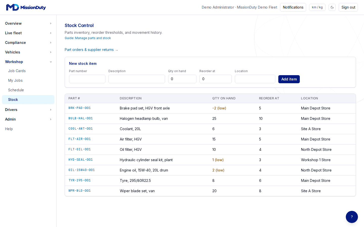 MissionDuty's Stock Control screen, listing parts inventory with quantity on hand and reorder thresholds